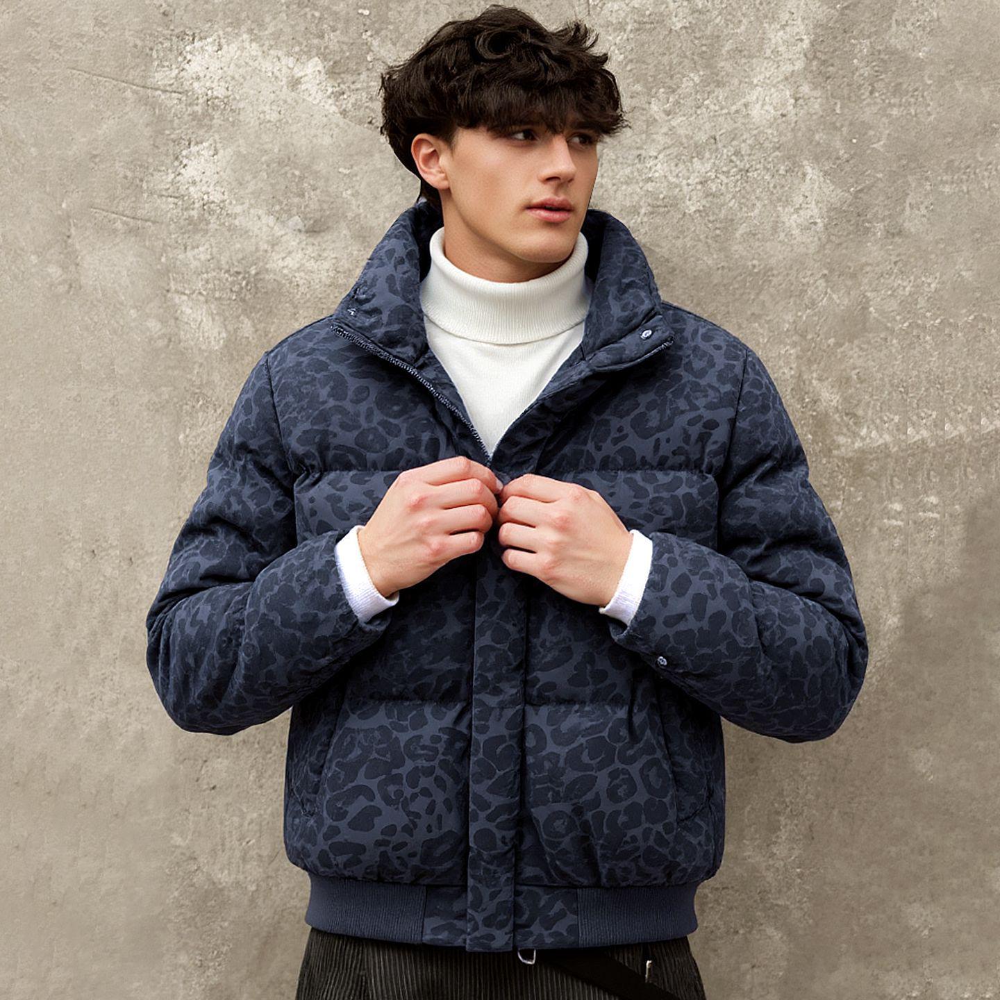 Men s Winter Leopard Print Retro Cotton Jacket with Stand Collar - Trendy High-End Feel XL