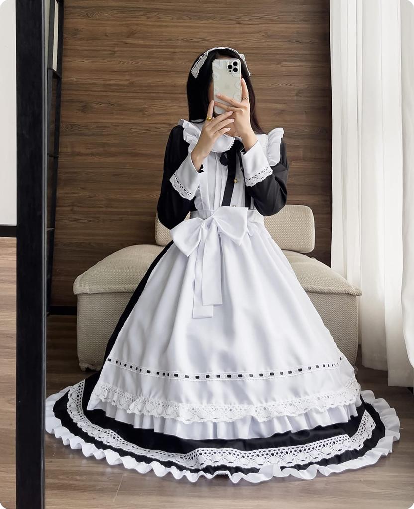 Maid Costume Cosplay British Style Lace Ribbon Maid Costume Long Short Sleeve Long Sleeve Maid Costume Lace British Halloween Formal Maid Cafe Coffee