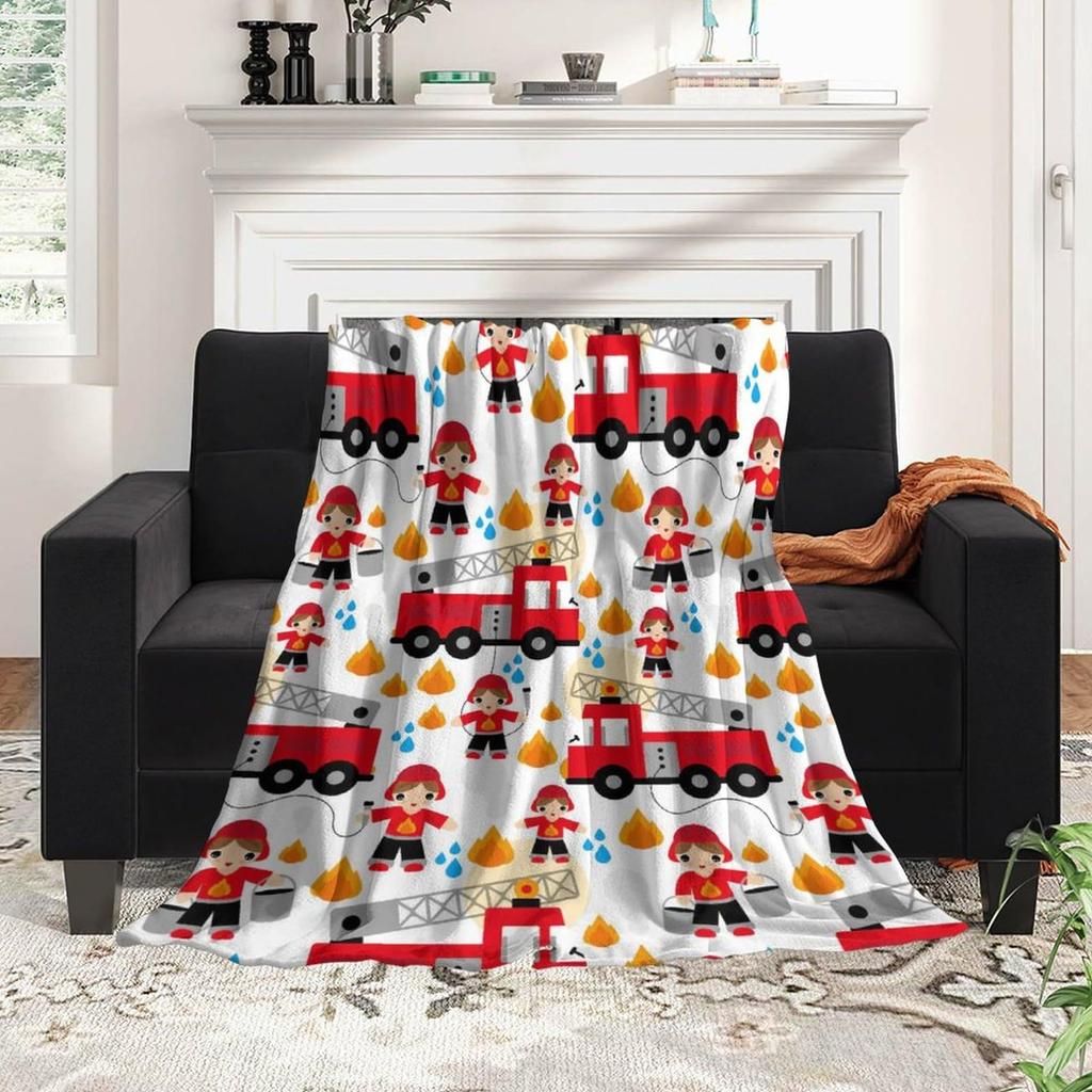 Cartoon Fire Engine Printed Blanket for Sofa Bed Travel Camping Living Room Office Conditioning Blanket for All Seasons Gifts