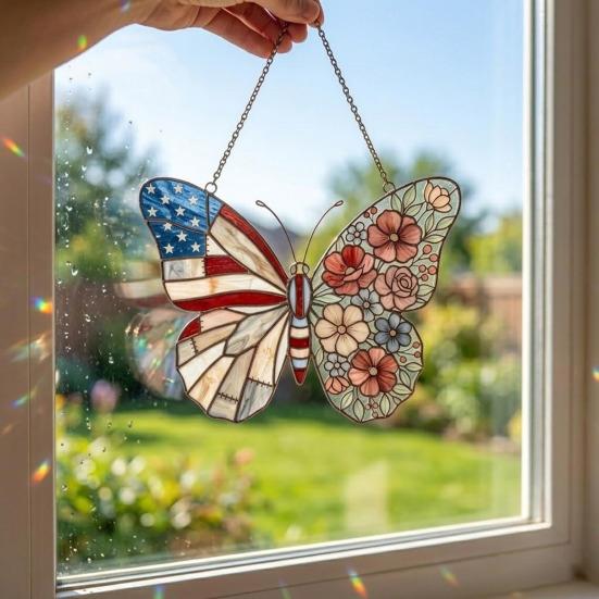 Independence Day Butterfly Suncatcher Ornament Faux Stained Glass Acrylic Window Pendant Patriotic Butterfly Suncatcher for Wall Window