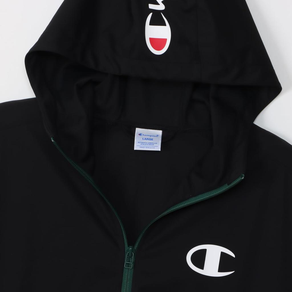 Champion Long Sleeve Stretch Windproof Zip Hooded Jacket with Men's Anti-Static Water-Repellent One-Point Logo, Black, C3-ZG601