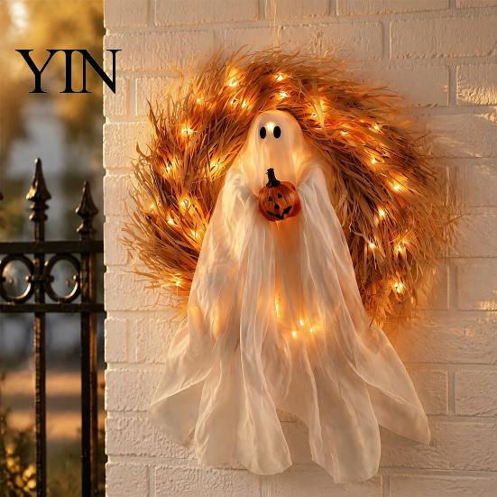 Halloween Night Tour Ambience 68cm Glowing Ghost Wreath Door Hanger, Light Up Spooky Battery Operated Garland with Pumpkin, Festive Home Ornament for
