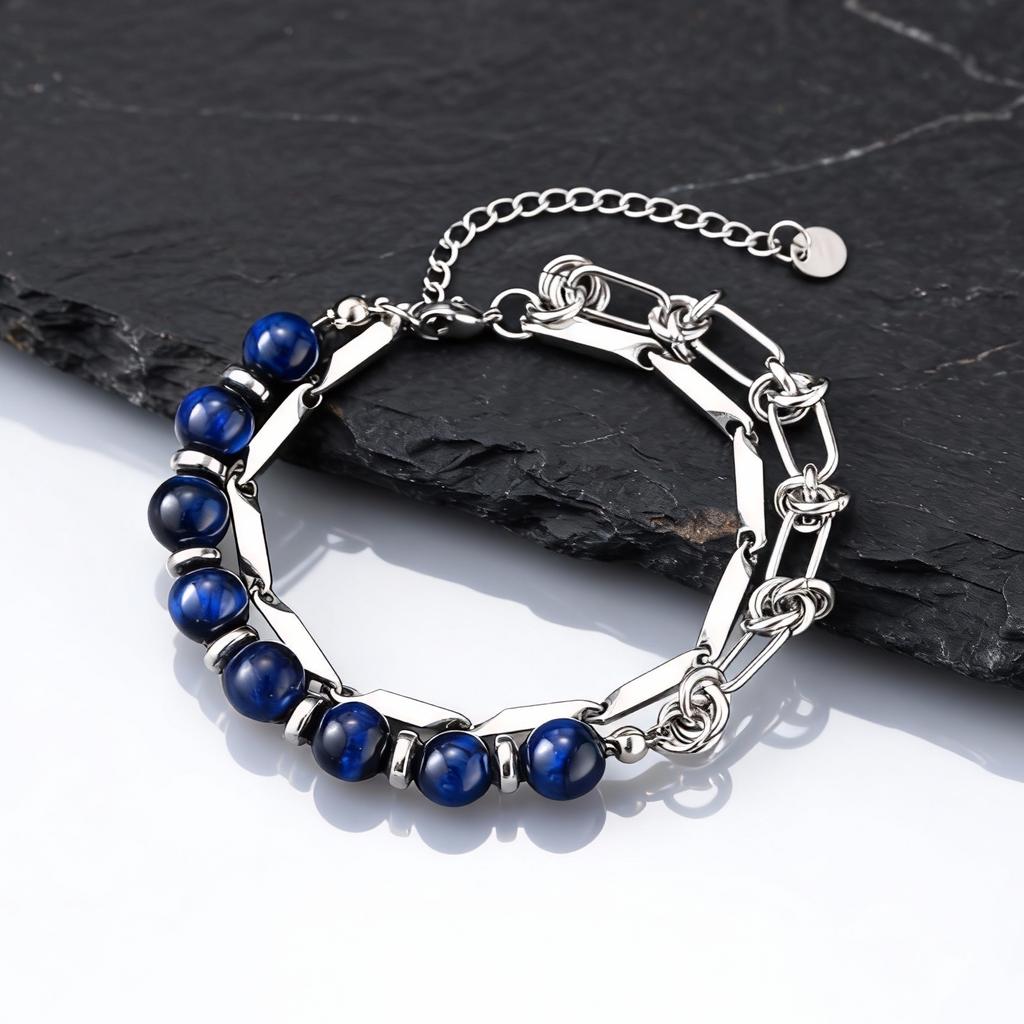 Hip Hop Blue Tiger Eye Beads Bracelet for Men,Stainless Steel Double Layers Chain Wristband,Cool Fahion Jewelry Gift