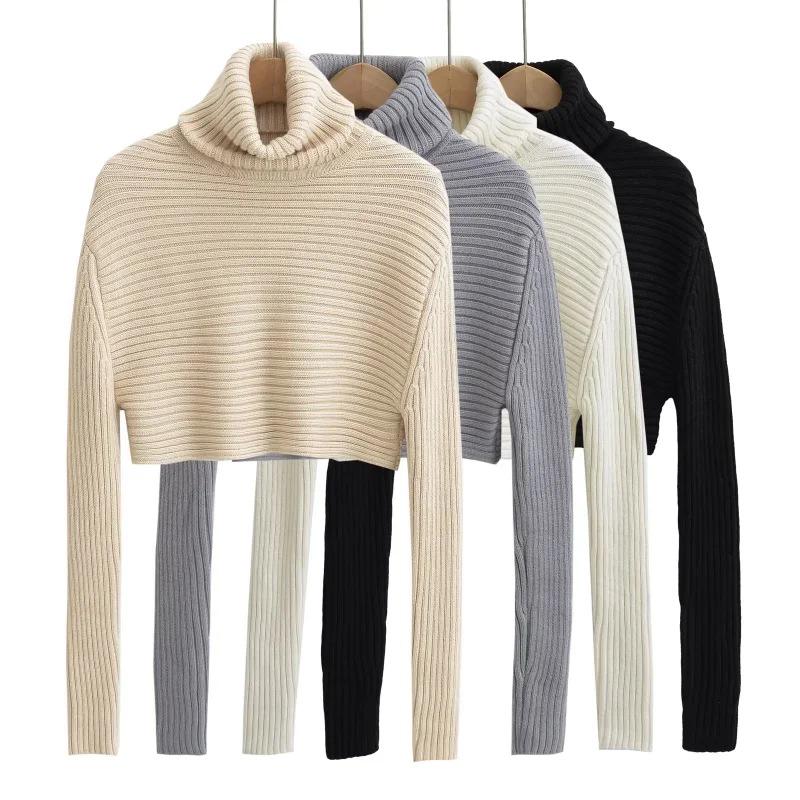 Retro High-Neck Thick Knit Sweater – Slimming Ribbed Top for Women