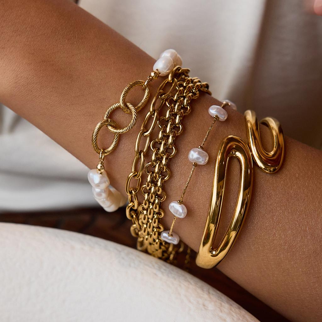 Yori Geometric Hollow Double Layer Hollow Spring Open Bracelet Bangle Waterproof 18K Gold Plated Texture Jewelry New