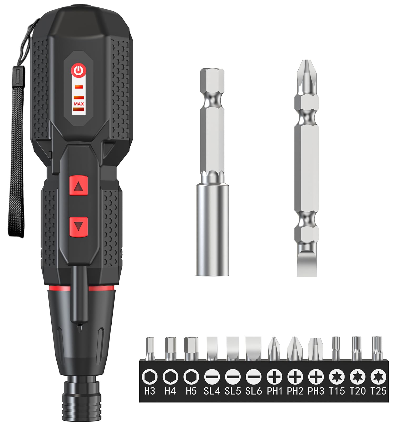 

handheld electric screwdriver with and USB rechargeable 3 manual and manual LED easy for home and DIY 14 included Compact, portable, Type-C features, чорний