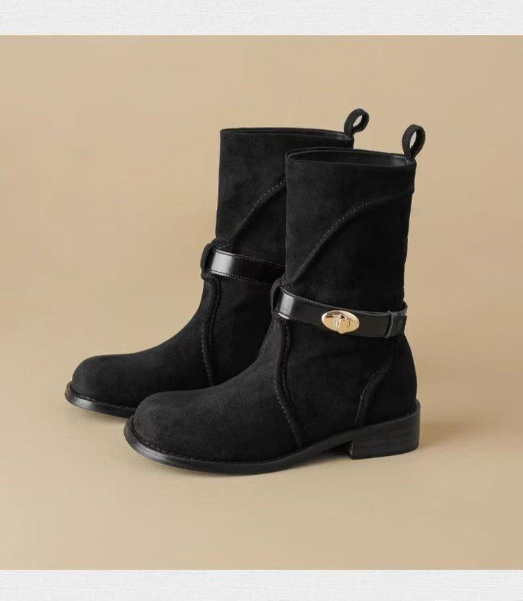 Cowhide Version~ French Metal Short Boots Retro Thick Heel Boots Children with Skirt Inner Height Increase and Thin Western Cowboy Boots