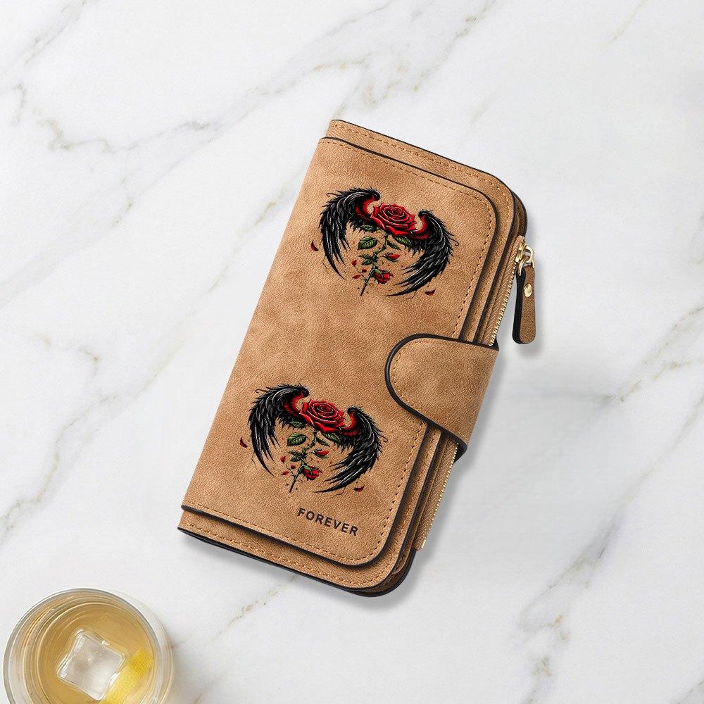 Black Wing Rose Tattoo Print Long Wallet Multifunctional Portable Snap Coin Purse Unisex Perfect Birthday Gift For Friends Family Daily Commute