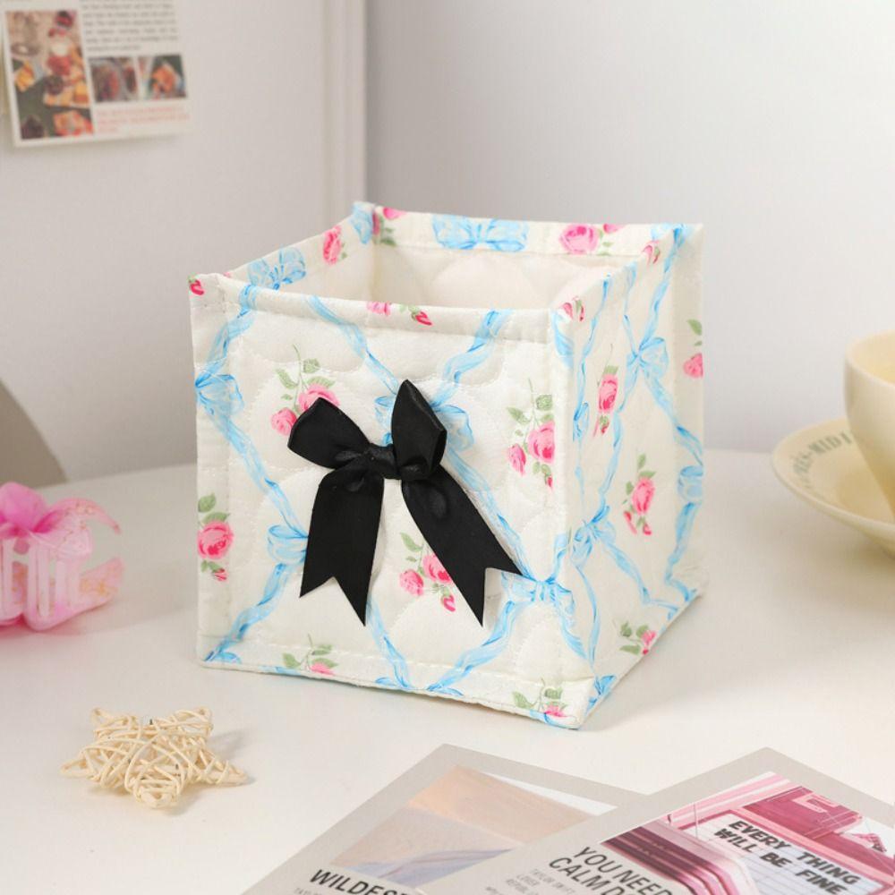 Square Desktop Storage Basket Bowknot Pattern Storage Frame Cute Organizer Box  Home Decoration