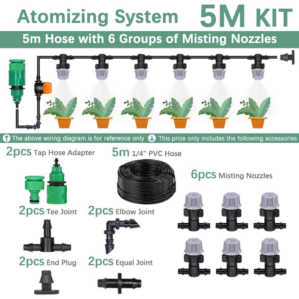 30-10m 60W Self-priming Pump Kit Misting Cooling System 1/4" 4/7mm Adjustable Nozzle Atomizer Sprayer Garden Irrigation Watering