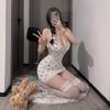 Sexy Floral Patchwork Lace Lingerie Dress for Women Low Cut Pure Desire Style Spaghetti Strap Bodycon Nightwear Sleepwear Outfit