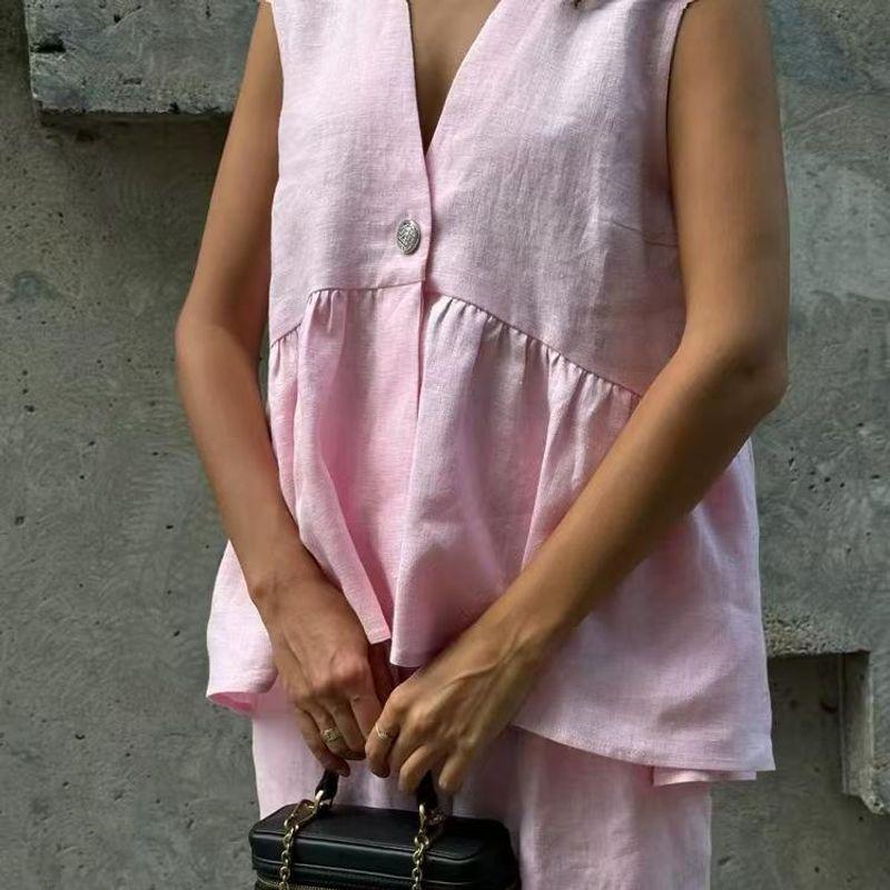 Western Style New V-neck Sleeveless Top Vest Trousers Set V-Neck Vest Long Pants Set