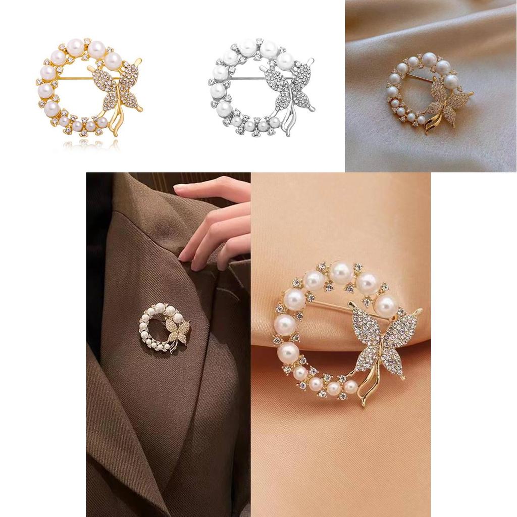 Stylish And Elegant Silver And Gold Butterfly Brooch With Rhinestones And Pearls For Women