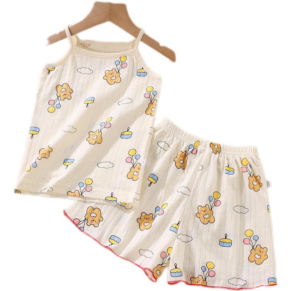 Girls' Summer Pajama Set: All-Cotton Tank Top & Short Skirt with Suspenders - Sweat-Absorbent Baby Homewear for Air Conditioning Comfort