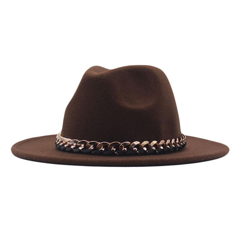 European, American Autumn and Winter British Style Fashionable and Elegant Flat-brimmed Big Eaves Hat Top Hat Men and Women Chain Jazz Woolen Hat