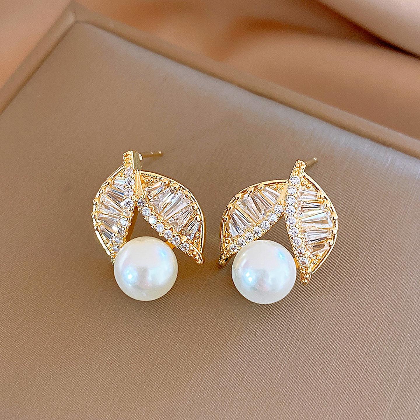 14k zircon leaf pearl earrings stud earrings retro temperament earrings women