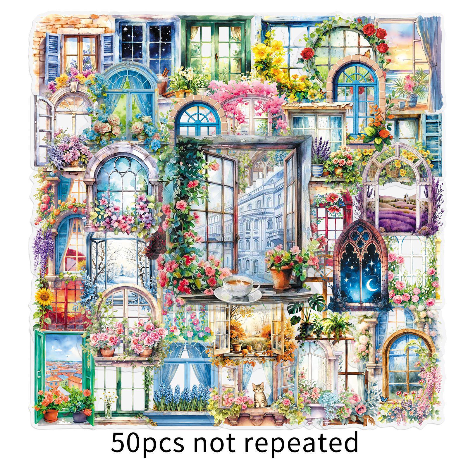 50 Sheets of Creative Dreamy Flower Pattern Transparent Stickers for Windows and Walls