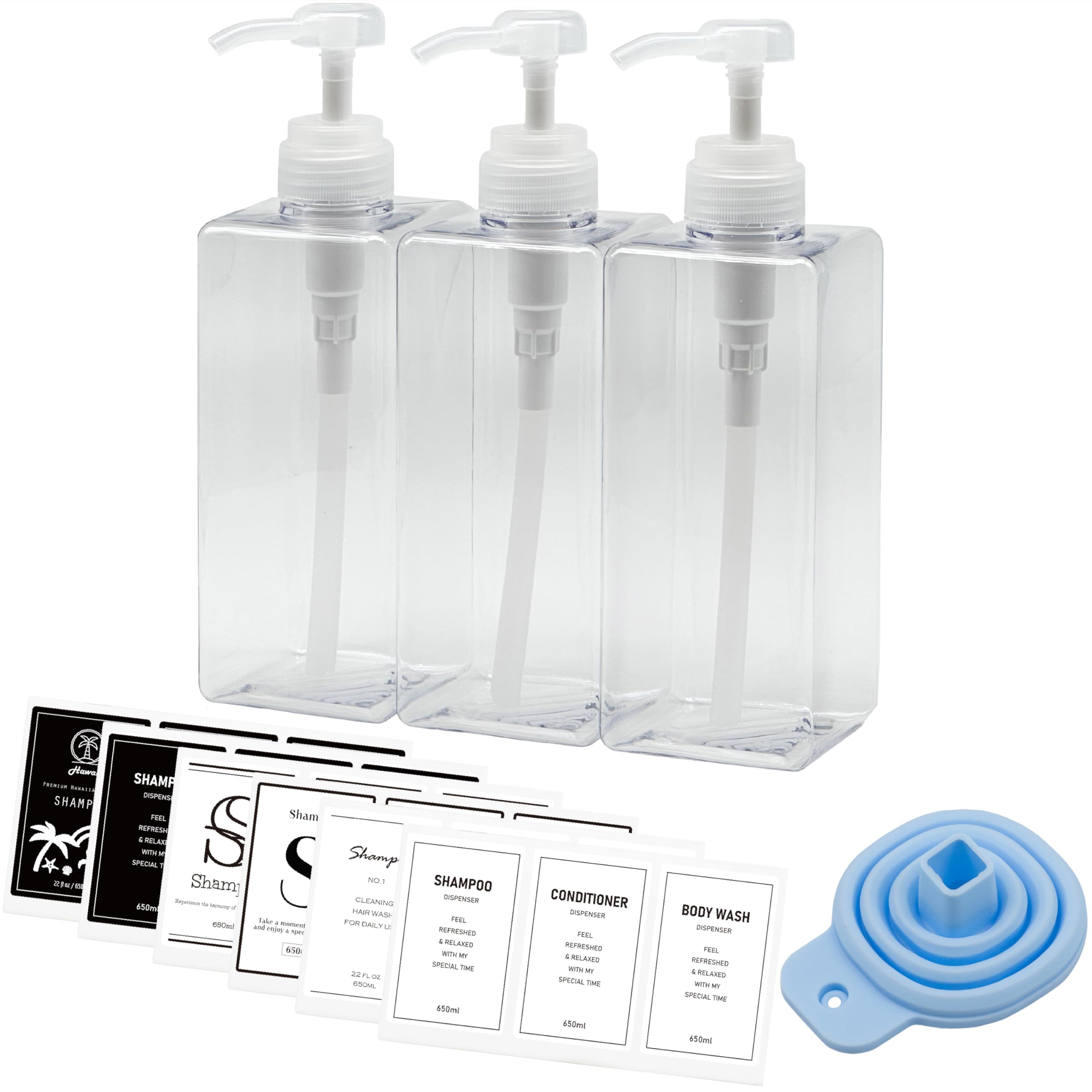 

Nesect Shampoo Bottle Dispenser, Large Capacity 650ml, Set of 3 Clear Bottles, Label Sheet Included, Simple Design, Push-Button Operation, Ideal for