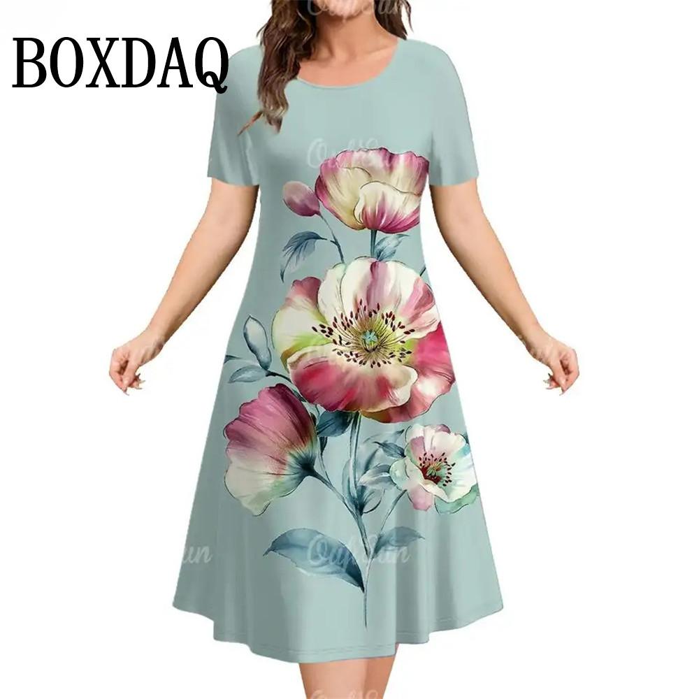Summer Women's Dress Fashion Floral Pattern Short Sleeve Dresses Loose Plus Size Casual Round Neck Print Clothing Elegant Dress