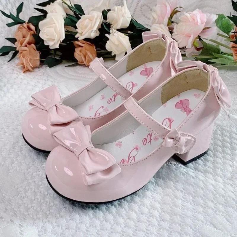 2025Lolita Style Cute Round Head Jane Pumps With Bow Women's Sweet Party Dress Midi Heels Shoes Fashion PU Sandals