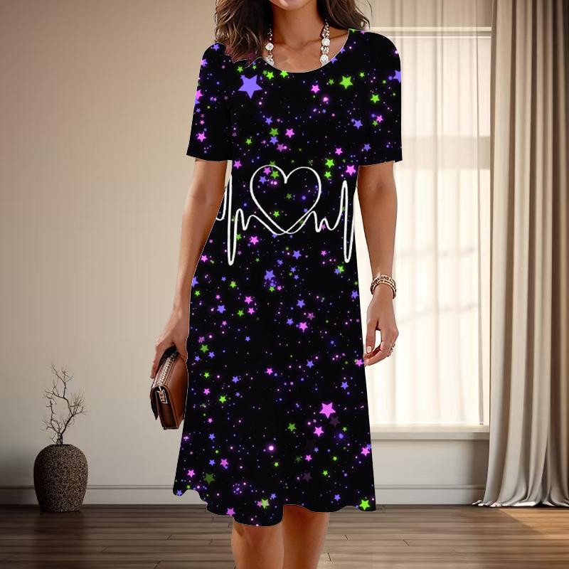 Women's Fashion Graceful Heartbeat of Love Print Summer Spring Short Sleeve O-Neck Casual Dresses