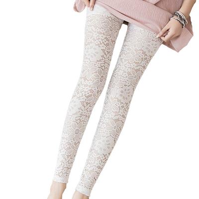 AICA Lace Sheer Floral White Women's Leggings, Stretch, See-Through, Lace, Cool, Thin, 9/10 Length, Mid-Length (S-M),