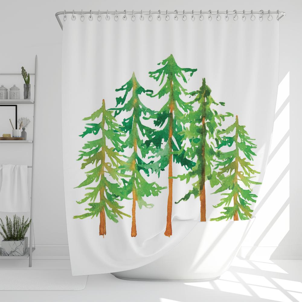 

1 Pcs Nordic simple green plant waterproof shower curtain, Christmas tree bathroom decoration curtain, with plastic hooks W90xH180cm