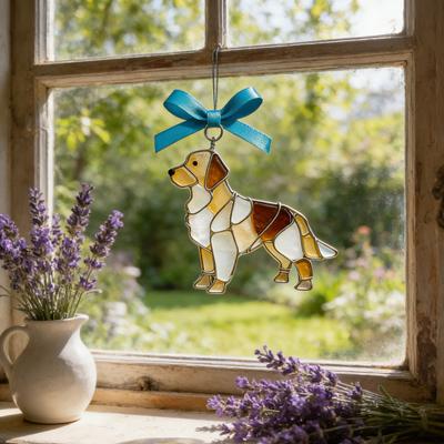 Colorful Dog Acrylic Suncatcher Stained Glass Corgi/Bulldog/Chihuahua Ornament Window Christmas Tree Hanging Decor with Bow Holiday Gift