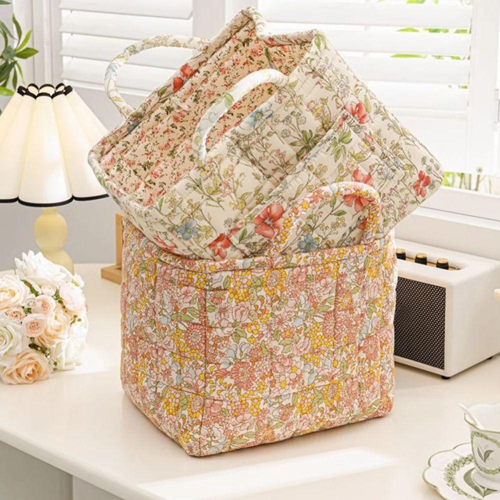 Fabric Floral Pattern Storage Basket Large Capacity Quilted Design Bento Handbags Collapsible Design Easy Carry Handles