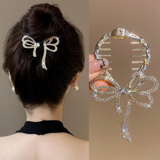 Pince à cheveux élégante incrustée de strass, en forme de nœud papillon, fausse perle, support pour queue de cheval, dents antidérapantes, arrière de la tête, griffe de cheveux, couvre-chef