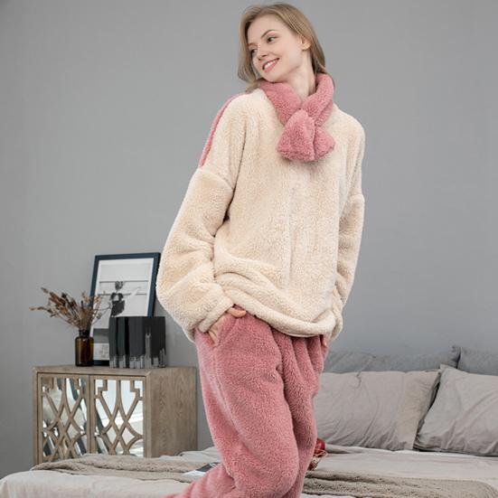 Fluffy Pajamas Set for Women Soft Fleece Pullover 2 Piece Pjs Loungewear with Scarf Winter Plush Warm Sleepwear Set