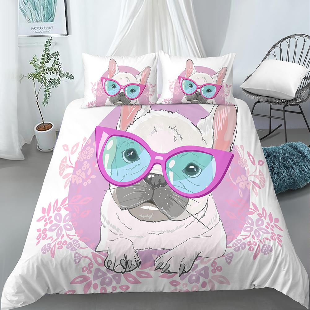 3Piece Dog Lover Art Duvet Cover French Bulldog Portrait With Hipster Glasses Abstract Modern Colorful Ears And Eyes Decorative