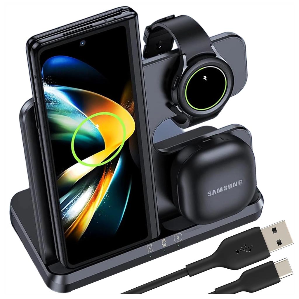 Kabelloses Induktionsladegerät 3-in-1 Qi 3.0 Schnell für Samsung S22 S23 S24 S25 Galaxy Watch Buds Station Schwarz