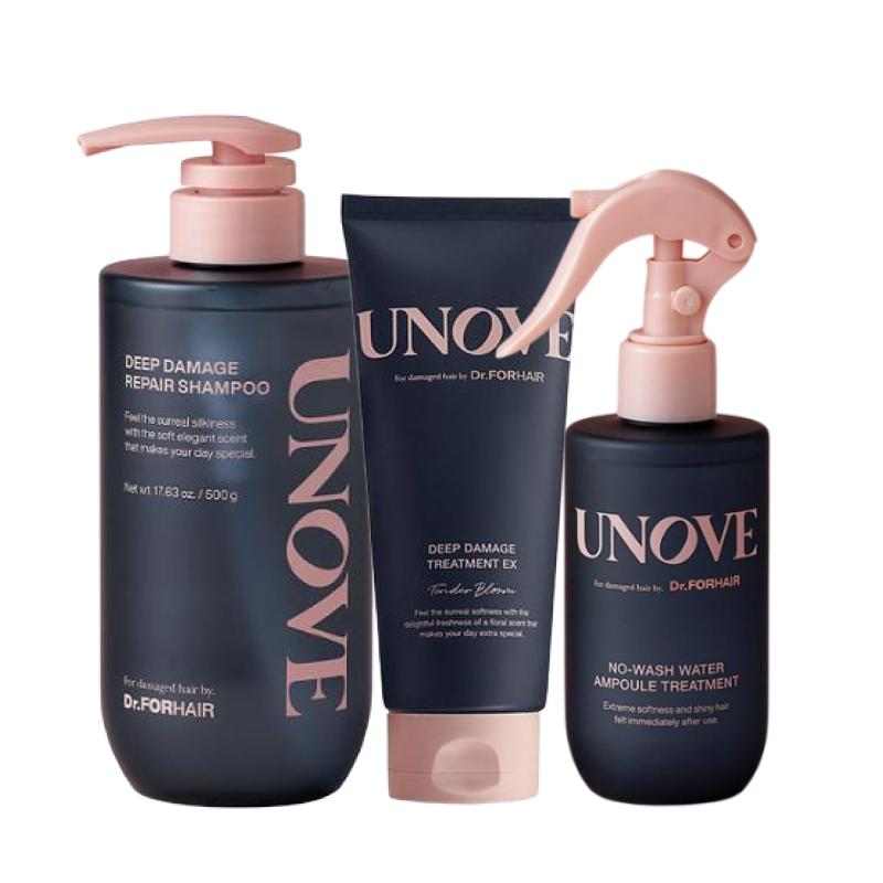 UNOVE Deep Damage Repair 3-Step Set (Shampoo Sweet Breeze 500g + Treatment EX 207ml + No Wash Water Ampoule Treatment 200ml) Choose Treatment (Tender Bloom)