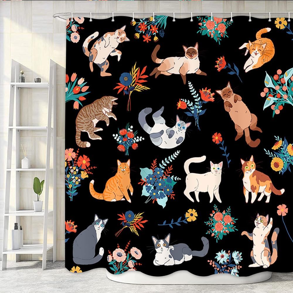 

Funny Cat Shower Curtains, Boho Style Shower Curtains, Daisy Flower Modern Minimalism Bathroom Curtain Decor,White Fabric W60H190(CM)-1 Pcs