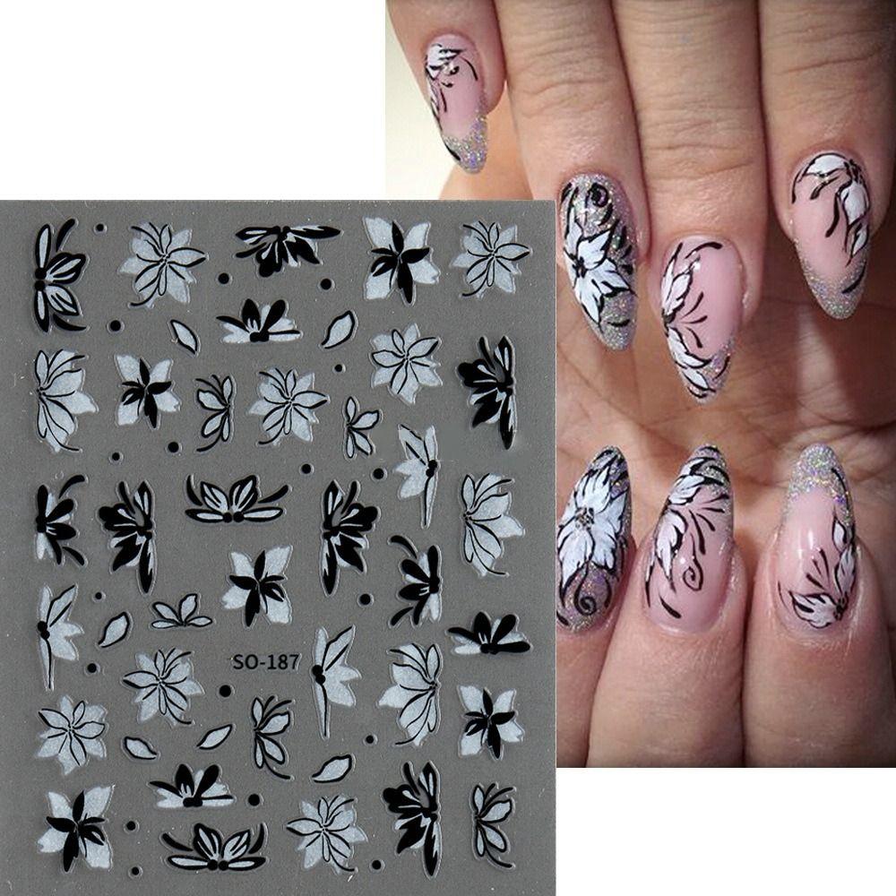 Simple Nail Art Stickers Floral Petal Nail Decoration DIY Black White Flower  for Nails