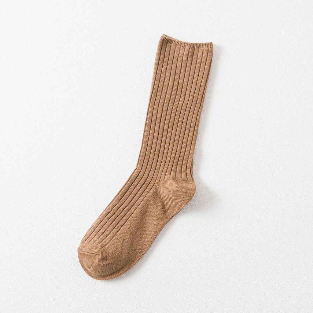 Autumn & Winter Women's Ribbed Cotton Mid-Calf Socks - Japanese Style, Solid Color, Double Needle.