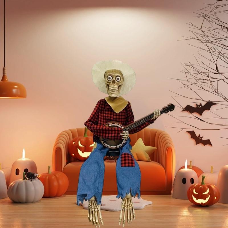 Halloween Banjo Playing Skeletons Decorations Outdoor/Indoor Halloween Party Decors Animated Skull with Light Up eye