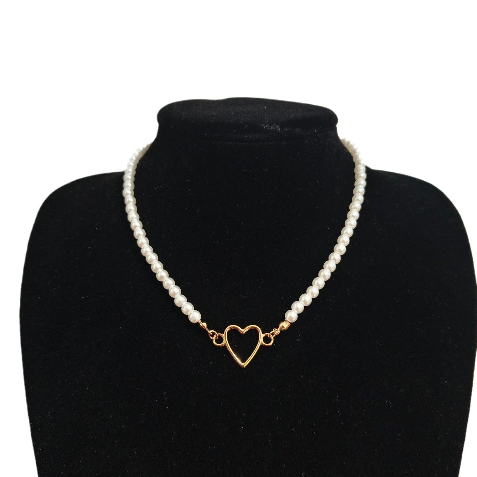 Французское ретро жемчужное ожерелье с полым кулоном-сердцем - Элегантная женская цепочка на ключицу