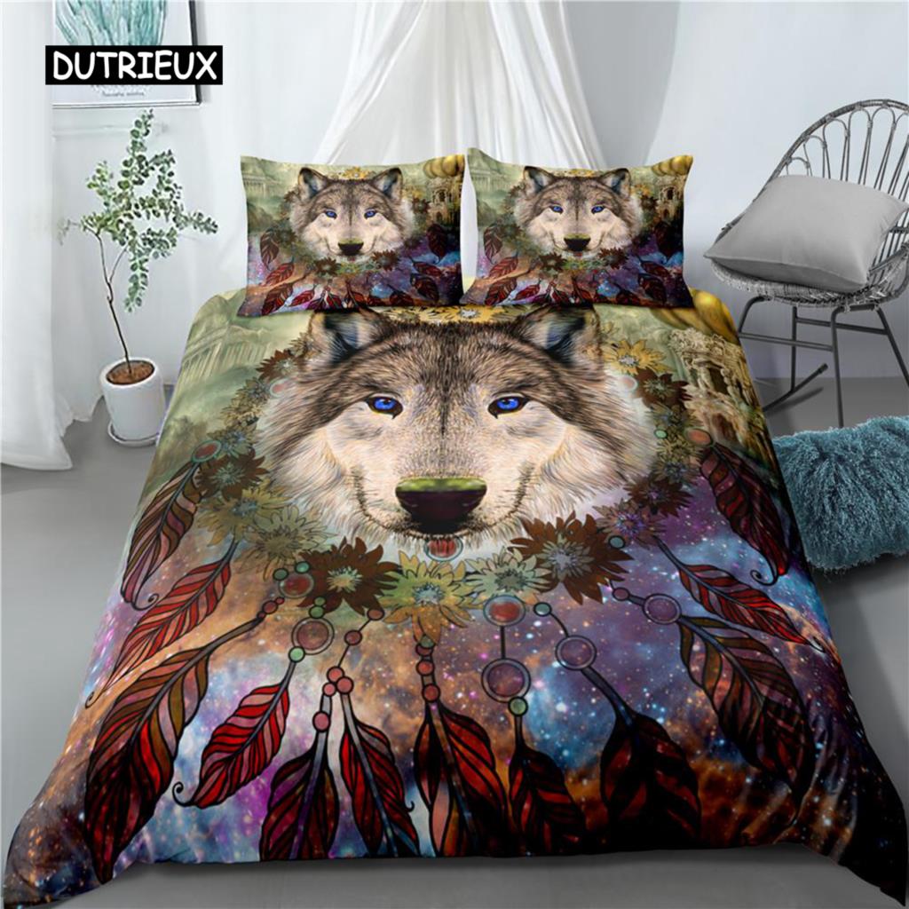 Bettbezug-Set mit Traumfänger-Tiermotiv, weißer Wolf, lila Federn, Mikrofaser, 2/3-teilig, Bettbezug für Kinder, Teenager, Erwachsene