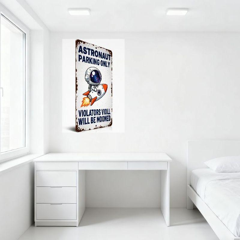 Vintage Astronaut Parking Only Metal Tin Sign, Rusted Edges, Cartoon Astronaut On Rocket with Galaxy Visor, 'VIOLATORS WILL BE M