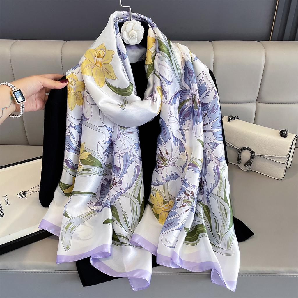 Spring Summer Autumn Satin Beach Scarf Sun Protection Large Shawl Women Elegant Versatile Poncho Thin Light Scarves Wrap Bandana