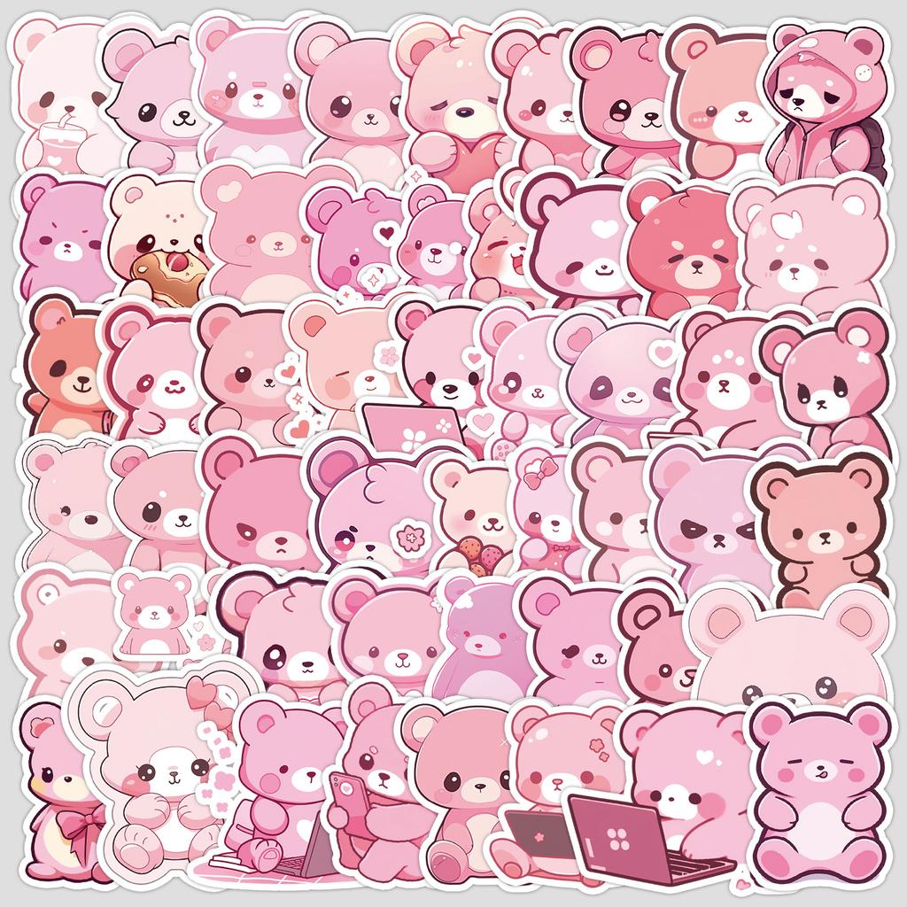 50 Sheets of Pink Bear Series Graffiti Stickers for Children's DIY Stationery, Water Cups, Luggage Decorations, and Other Decorative Stickers