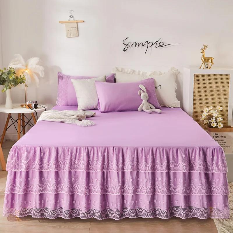 Classic Romantic Lace Layer Bed Skirt Set 3Pcs Bedding Set Ruffle Anti-slip Bedspread with Pillowcases Pure Color Bedroom Decor