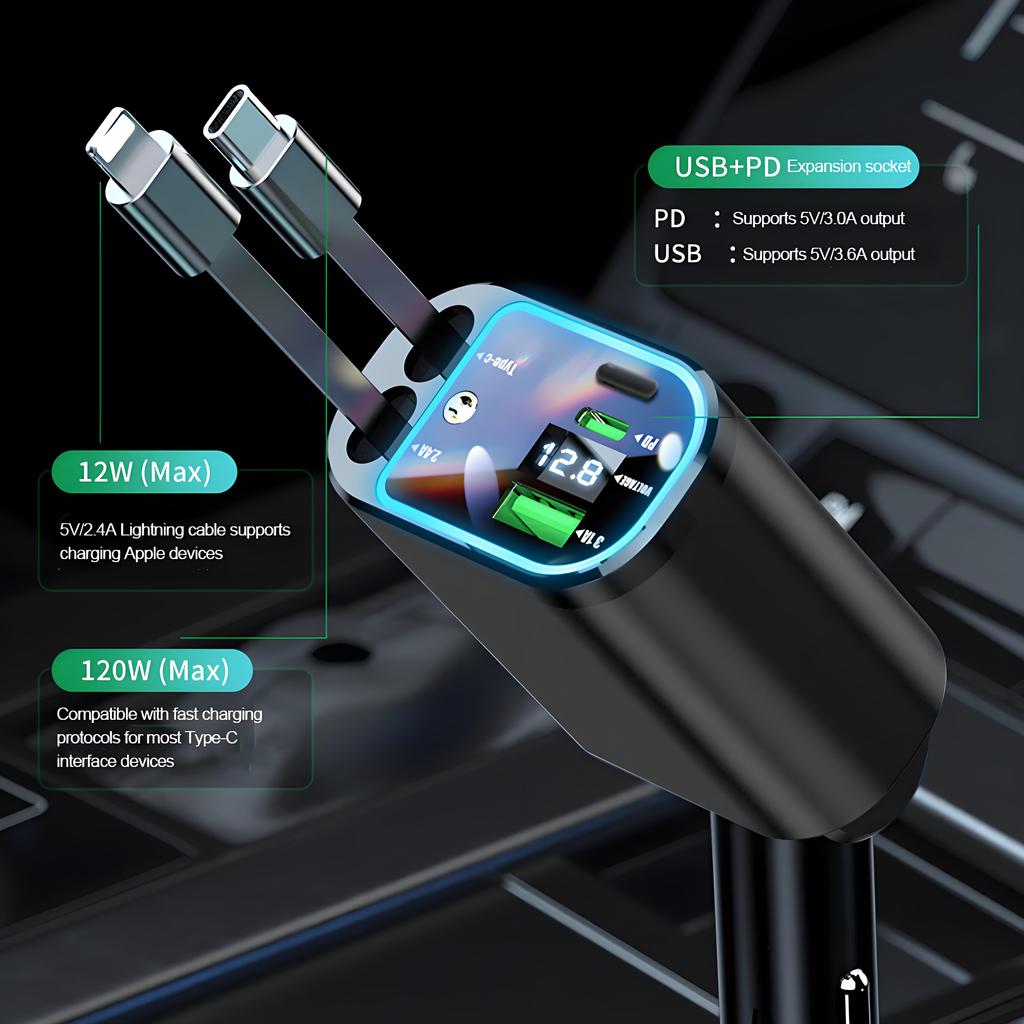 4 In 1 120W Retractable Car Charger Starlight In Car Roof,with ambient light and Star Night Light Type C Fast Charging Adapter,Dual Cable Car Charger