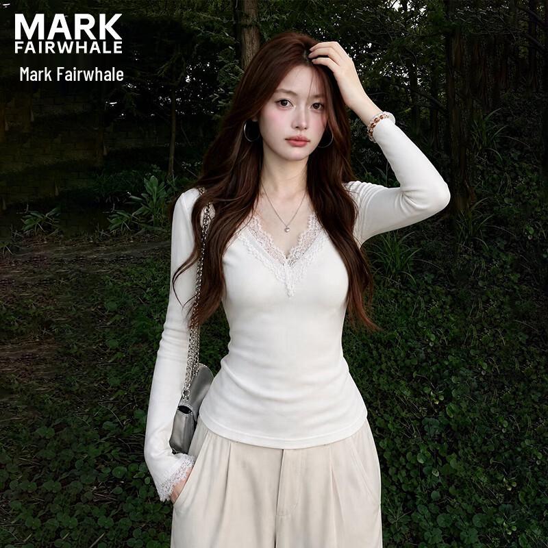 MARK FAIRWHALE Women's V-Neck Lace Long Sleeve Slim Fit T-Shirt