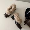 Leather Square-headed Fluffy Shoes with One Pedal, Retro Velvet To Keep Warm, Mary Jane Small Leather Shoes, New Cotton Shoes, Thick Heels, Si