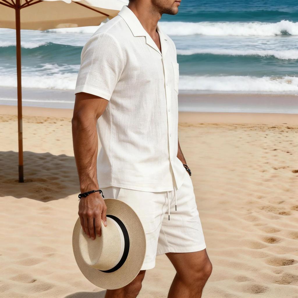 Mens Casual Loose Breathable Short Sleeve Shirt And Shorts Beach Set