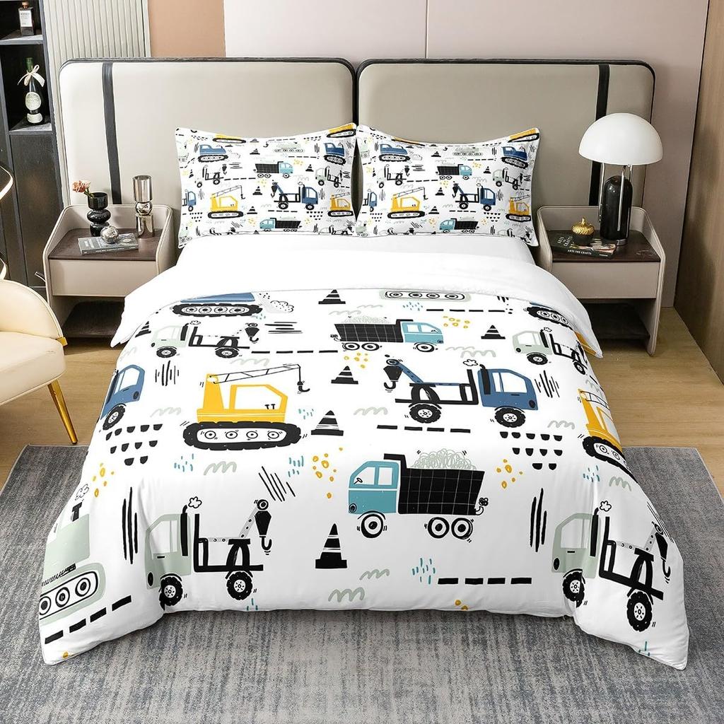 Cartoon Camping Excavator Duvet Cover Set King Size Luxury Truck Bedding Set Camping Essentials 3 Piece Set With 2 Pillowcases