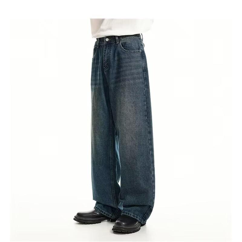 American retro jeans men's straight loose wide legs washed old high street pants trendy versatile casual trousers